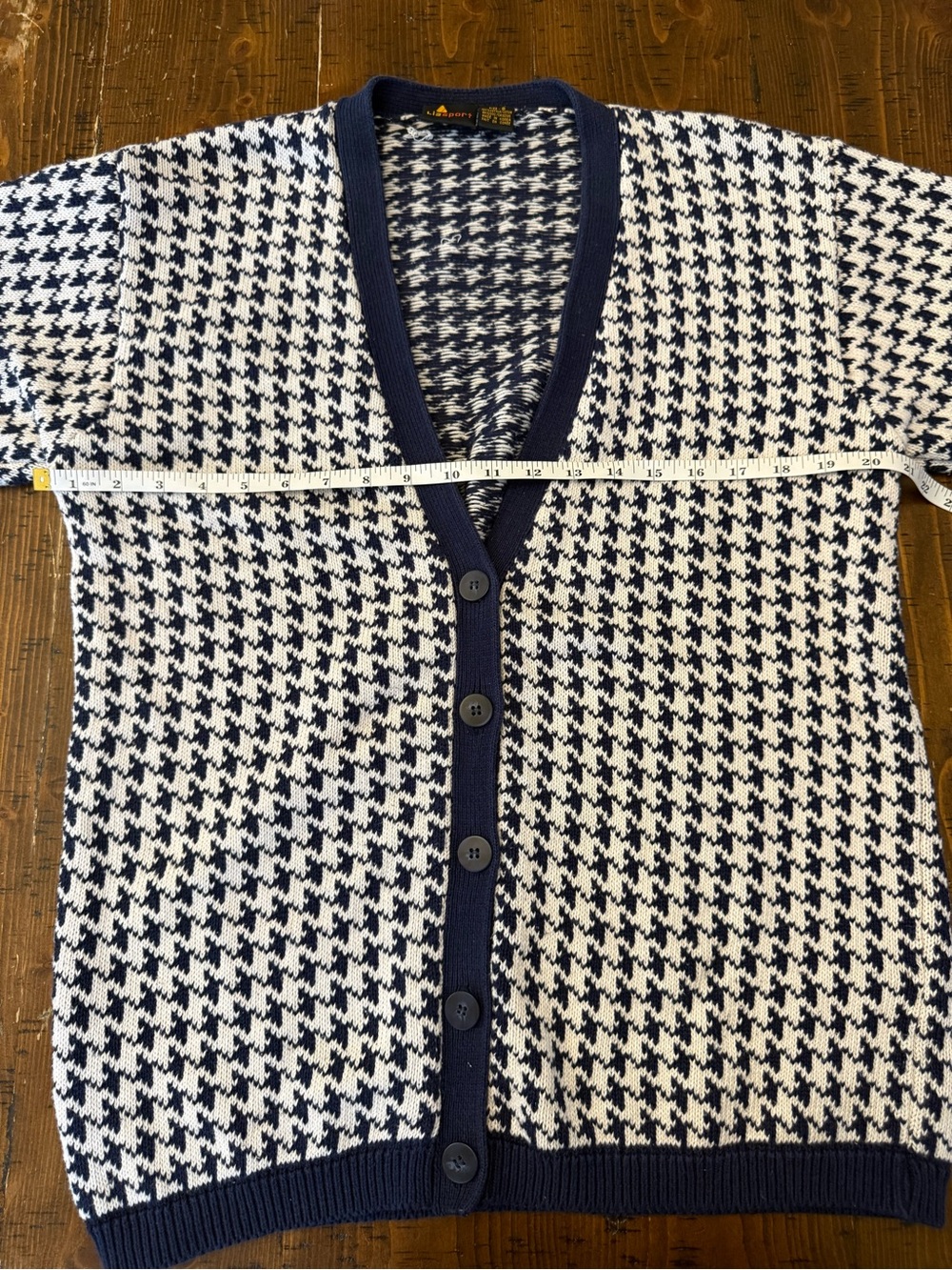Vintage 90s Liz Sport Houndstooth Cardigan Navy & Cream Cotton Knit Sweater - Picture 6 of 11